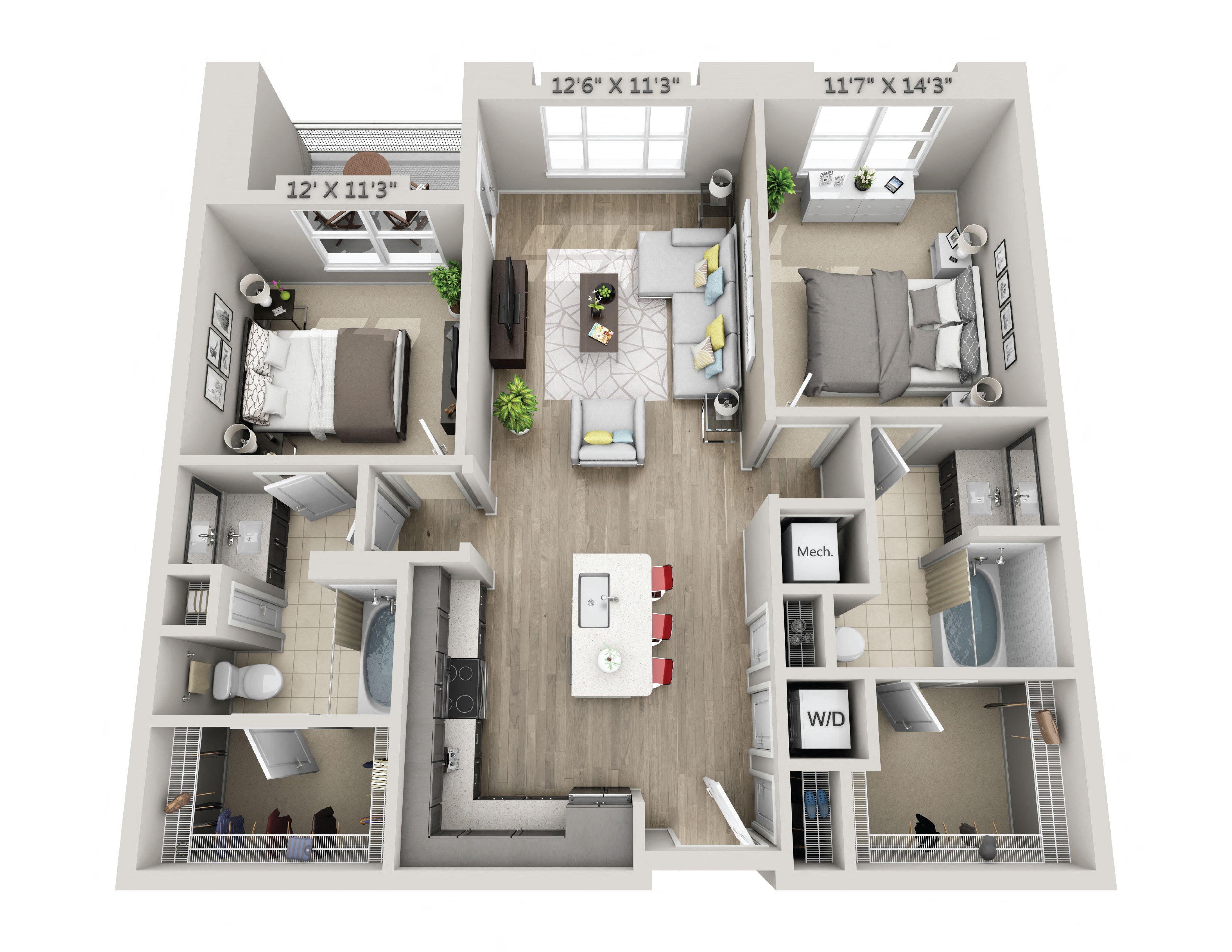 Floor plan for 2 beds, 2 baths, 1066 sqft